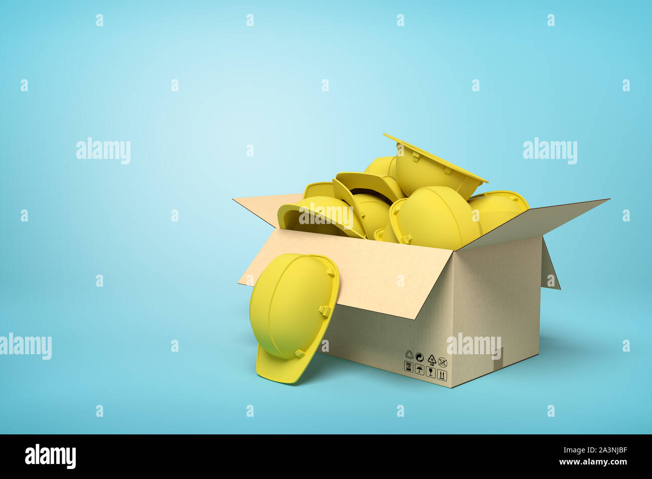 3D-Rendering von Karton voll mit gelben Schutzhelmen auf blauem Hintergrund. Stockfoto