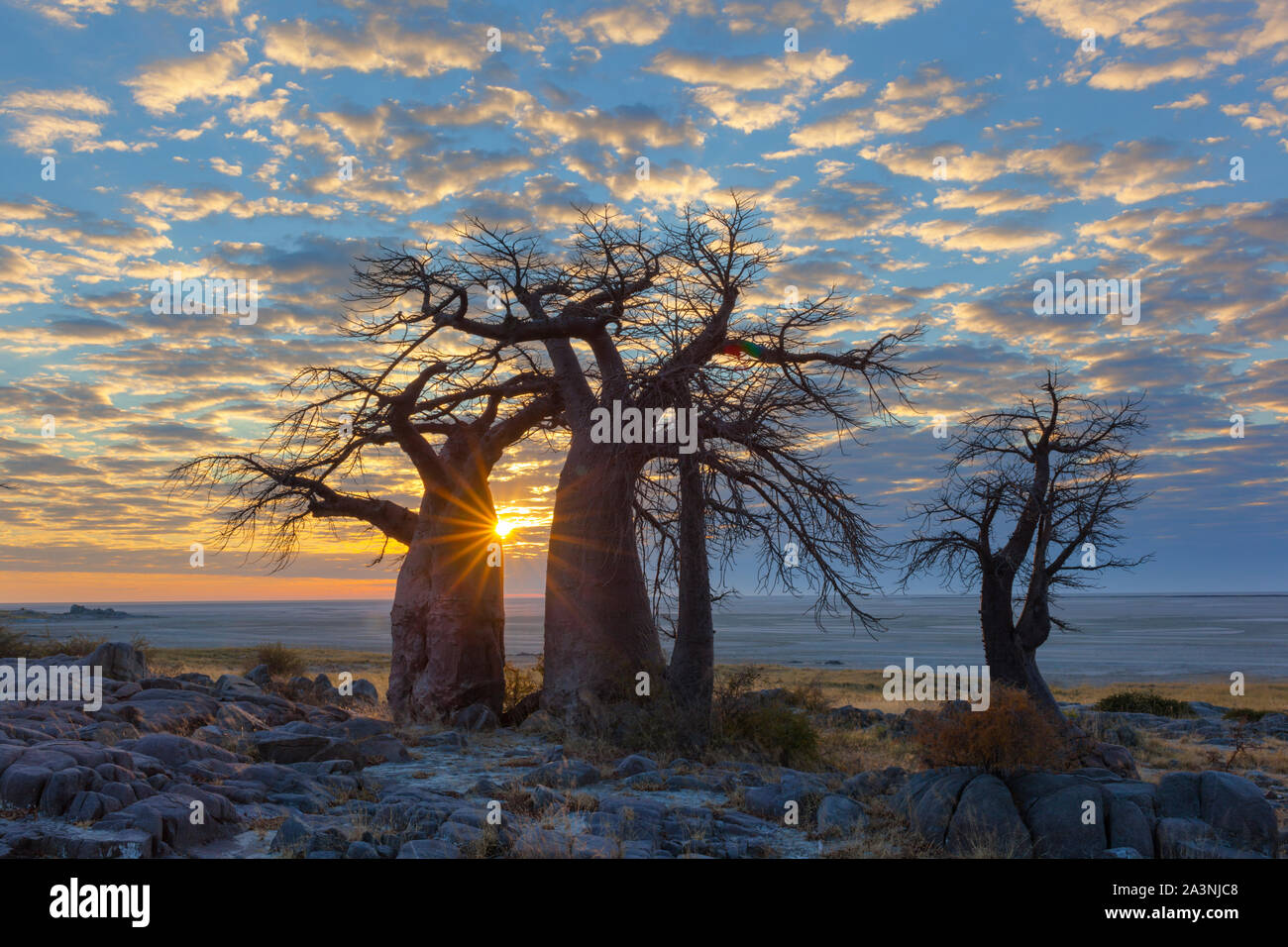 Sonnenaufgang und Wolken bei Kubu Insel Stockfoto