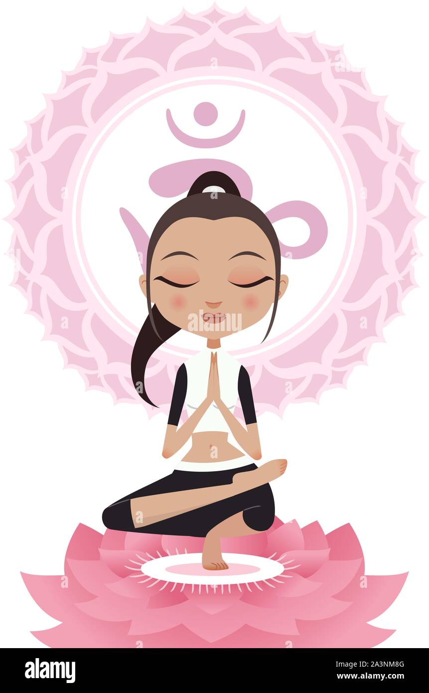 Meditation Lotus Position Asana Frau mit Om Symbol Mandala Vector Illustration. Stock Vektor