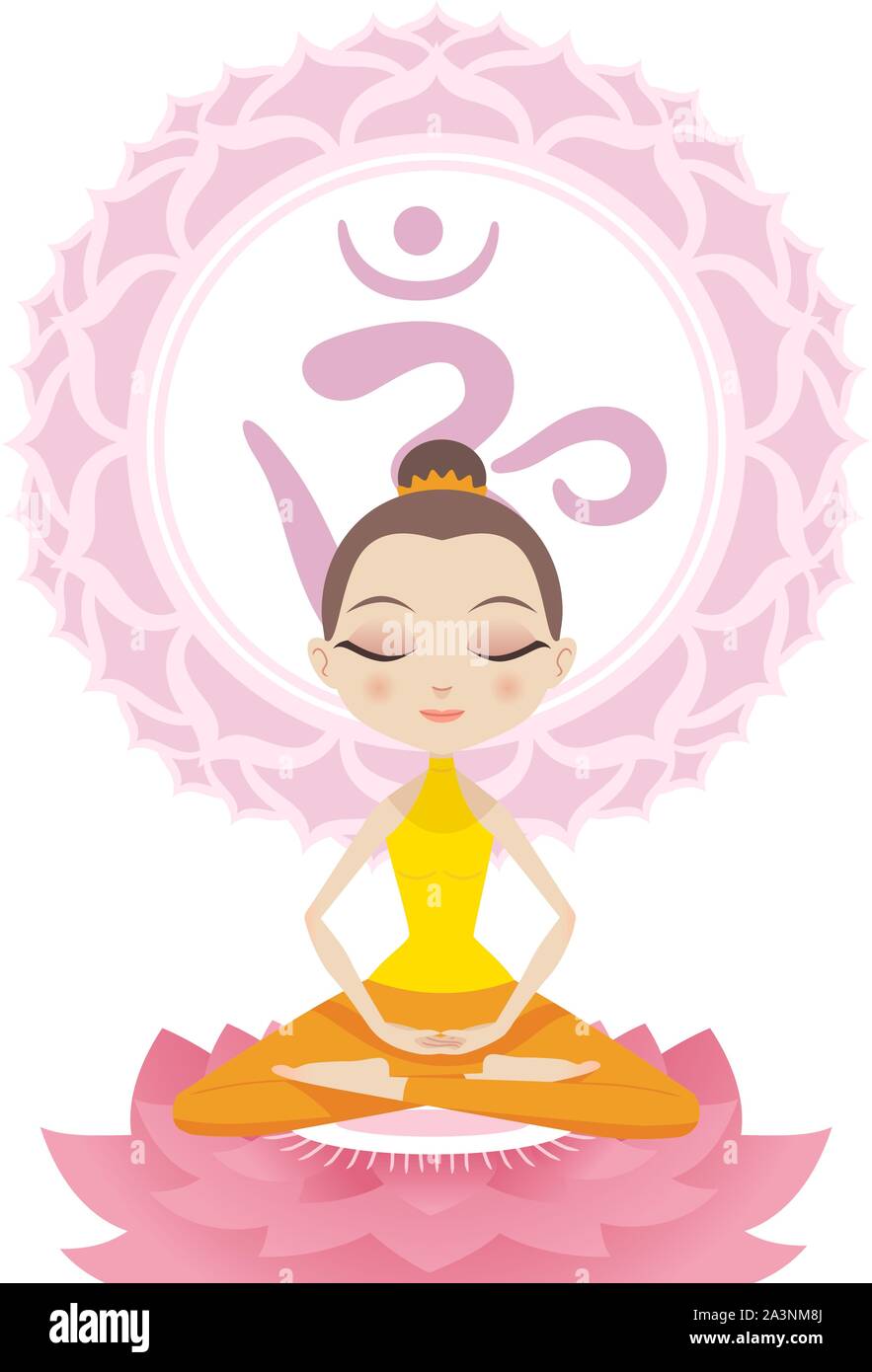 Lotus meditiert Körperhaltung Position auf Lotus mit Om Symbol vektor Illustration. Stock Vektor
