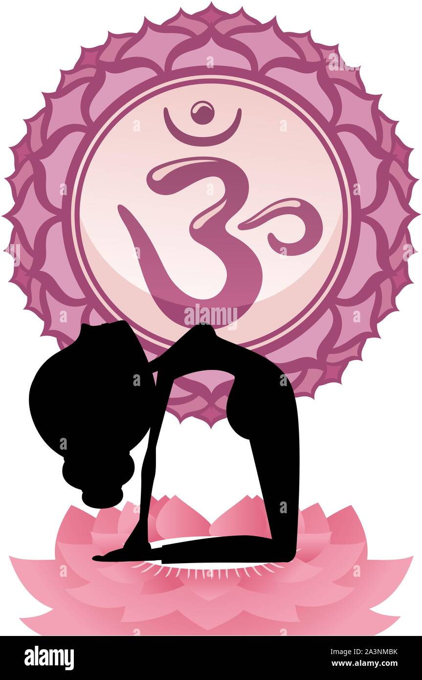 Meditation Yoga Asana auf Lotus mit violetten Om Chakra Mandala Vector Illustration. Stock Vektor