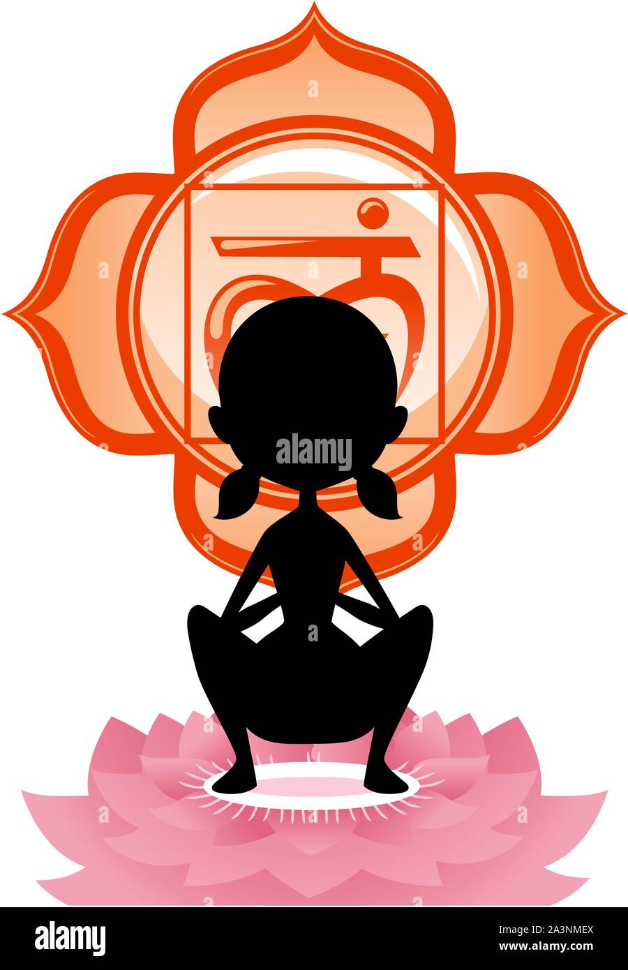 Meditation Yoga Asana auf Lotus mit rot Chakra Mandala Vector Illustration. Stock Vektor