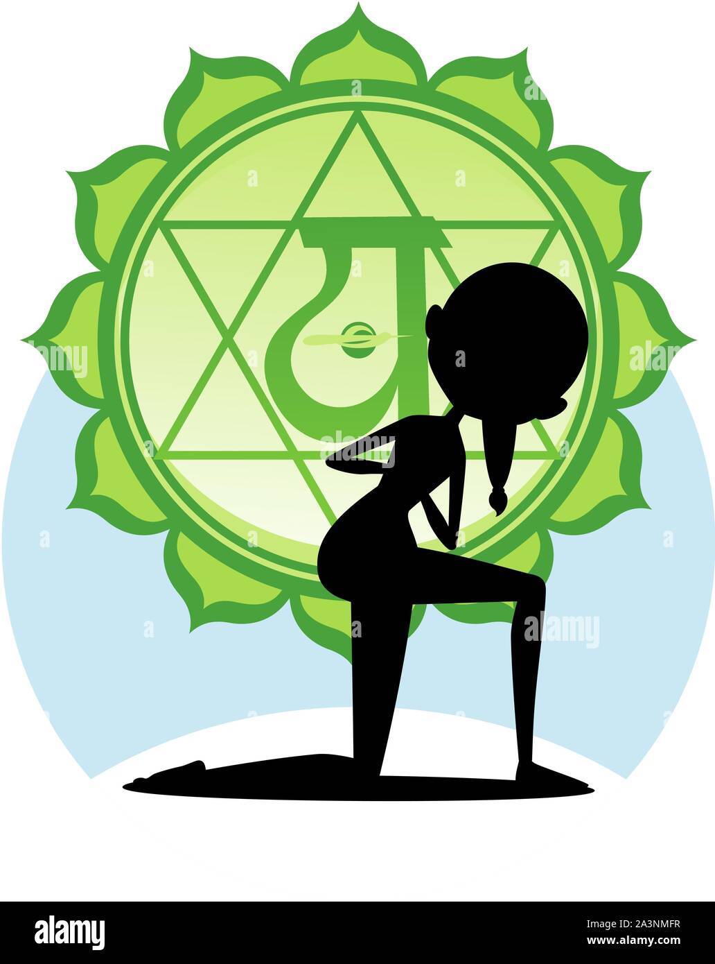 Meditation Yoga Asana auf Lotus mit grünen Chakra Mandala Vector Illustration. Stock Vektor