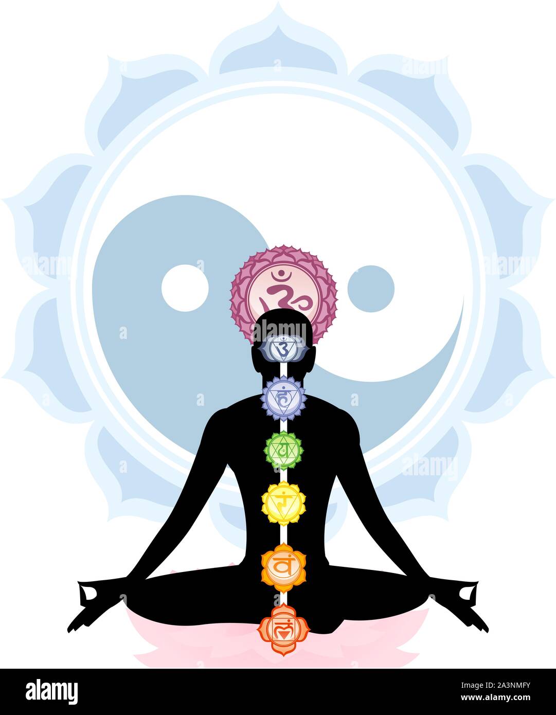 Meditation Meditation Asana Yoga Körperhaltung mit Om Symbol Mandala und alle sieben Chakren Wirbelsäule um Vector Illustration. Stock Vektor