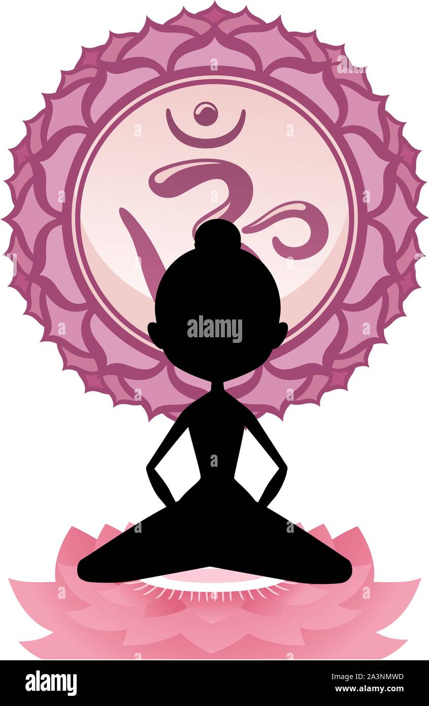 Meditation Yoga Asana auf Lotus mit violetten Om Chakra Mandala Vector Illustration. Stock Vektor