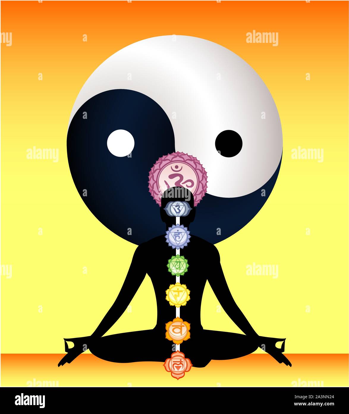 Meditation Meditation Asana Yoga Körperhaltung mit Om Symbol Mandala und alle die sieben Chakren mandala Symbol in der Wirbelsäule um Vector Illustration. Stock Vektor