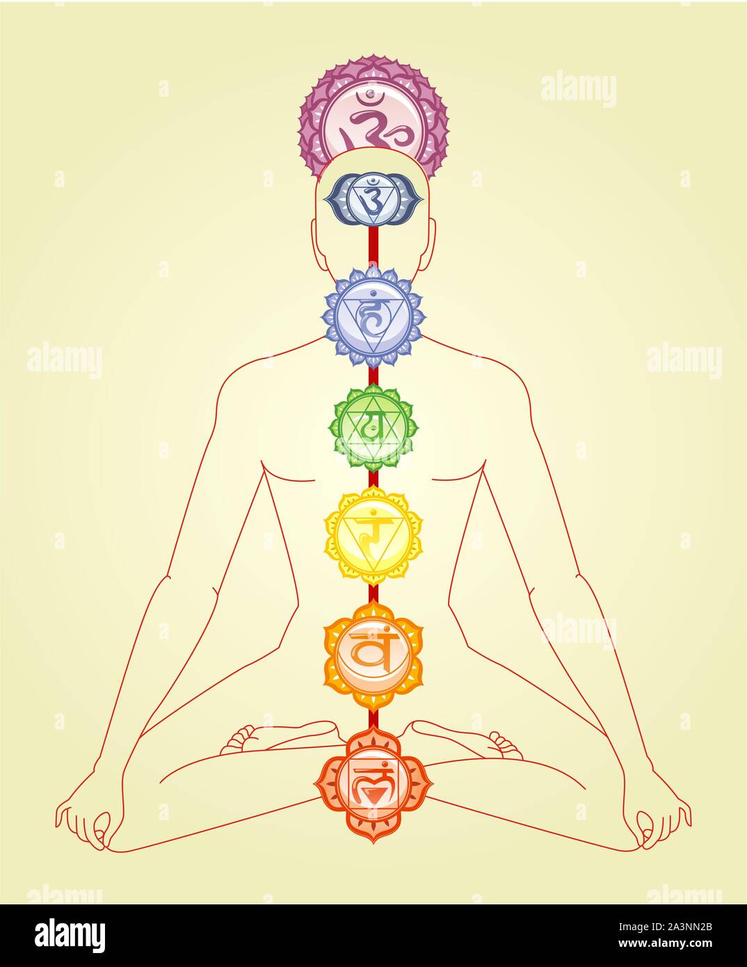Meditation Meditation Asana Yoga Haltung mit Om und die sieben Chakren mandalas Symbol in der Wirbelsäule um Vector Illustration. Stock Vektor