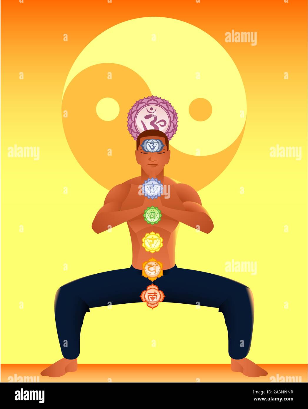 Meditieren Asana Chakra Harmonisierung mit Ying Yang Backround Vector Illustration. Stock Vektor