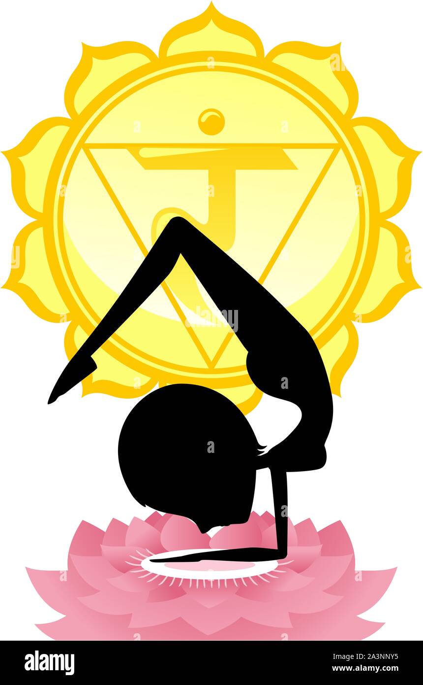 Das Meditieren über Yoga Asana auf Pink Lotus mit gelben Chakra Mandala Vector Illustration. Stock Vektor