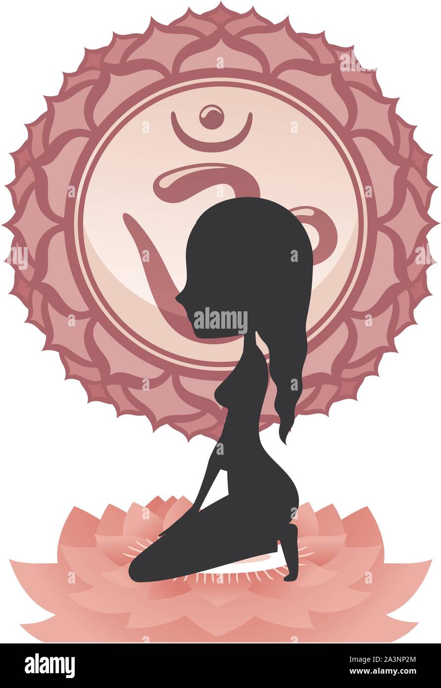 Meditation Yoga Asana auf Lotus mit violetten Om Chakra Mandala Vector Illustration. Stock Vektor