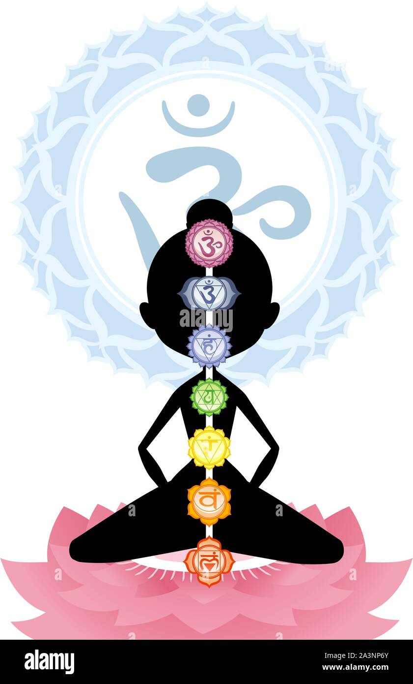Meditation Meditation Asana Yoga Körperhaltung mit Om Symbol Mandala Vector Illustration. Stock Vektor