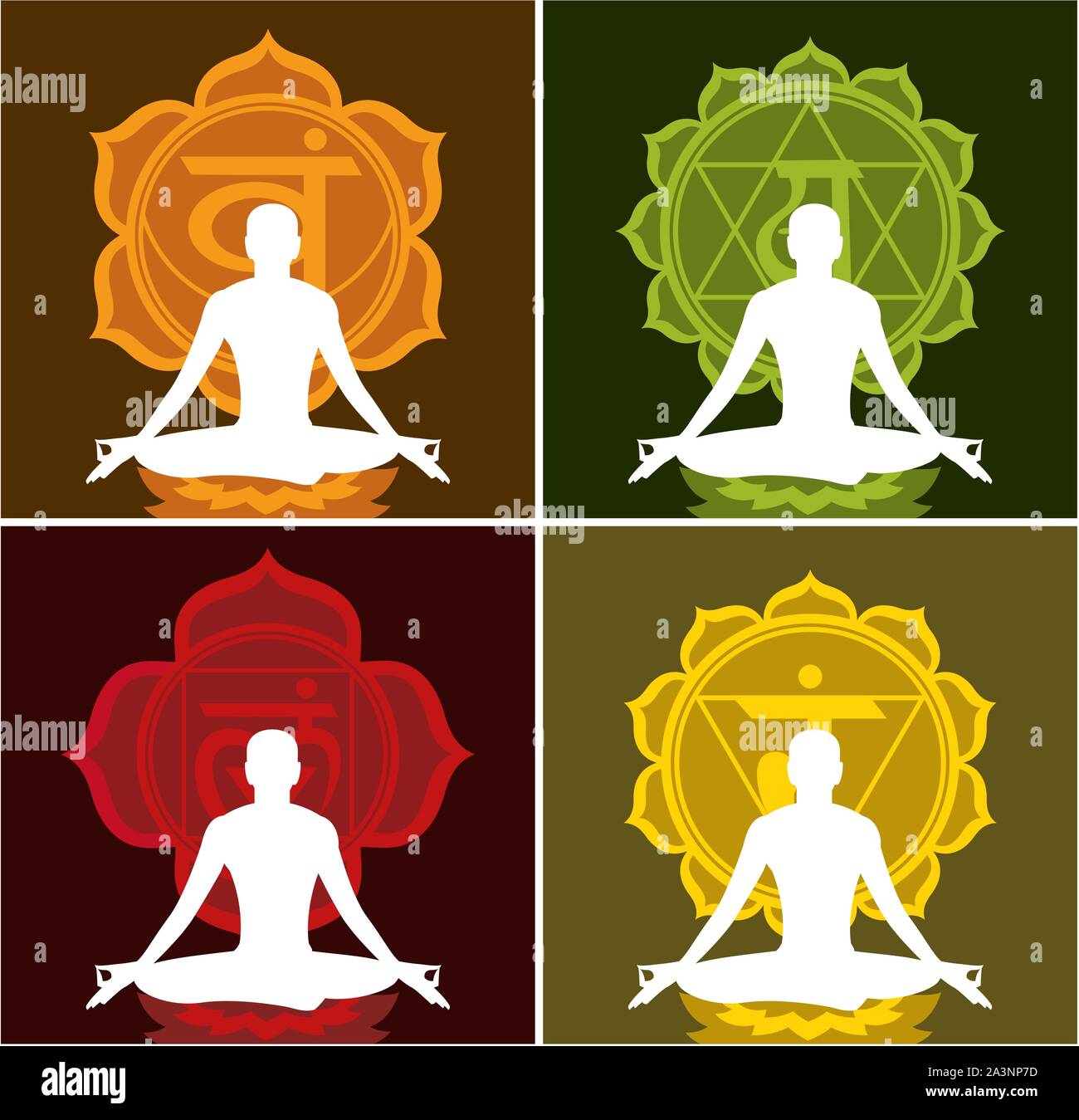 Lotus meditiert Körperhaltung Position auf Lotus mit chakras Symbol vektor Illustration. Stock Vektor