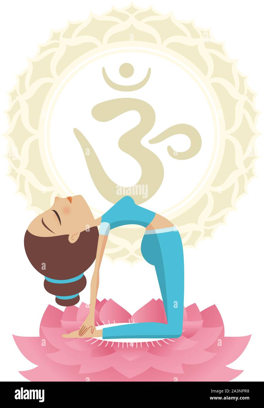 Kamel pose Asana Yoga Meditation über Lotus mit Om Mandala Symbol vektor Illustration. Stock Vektor