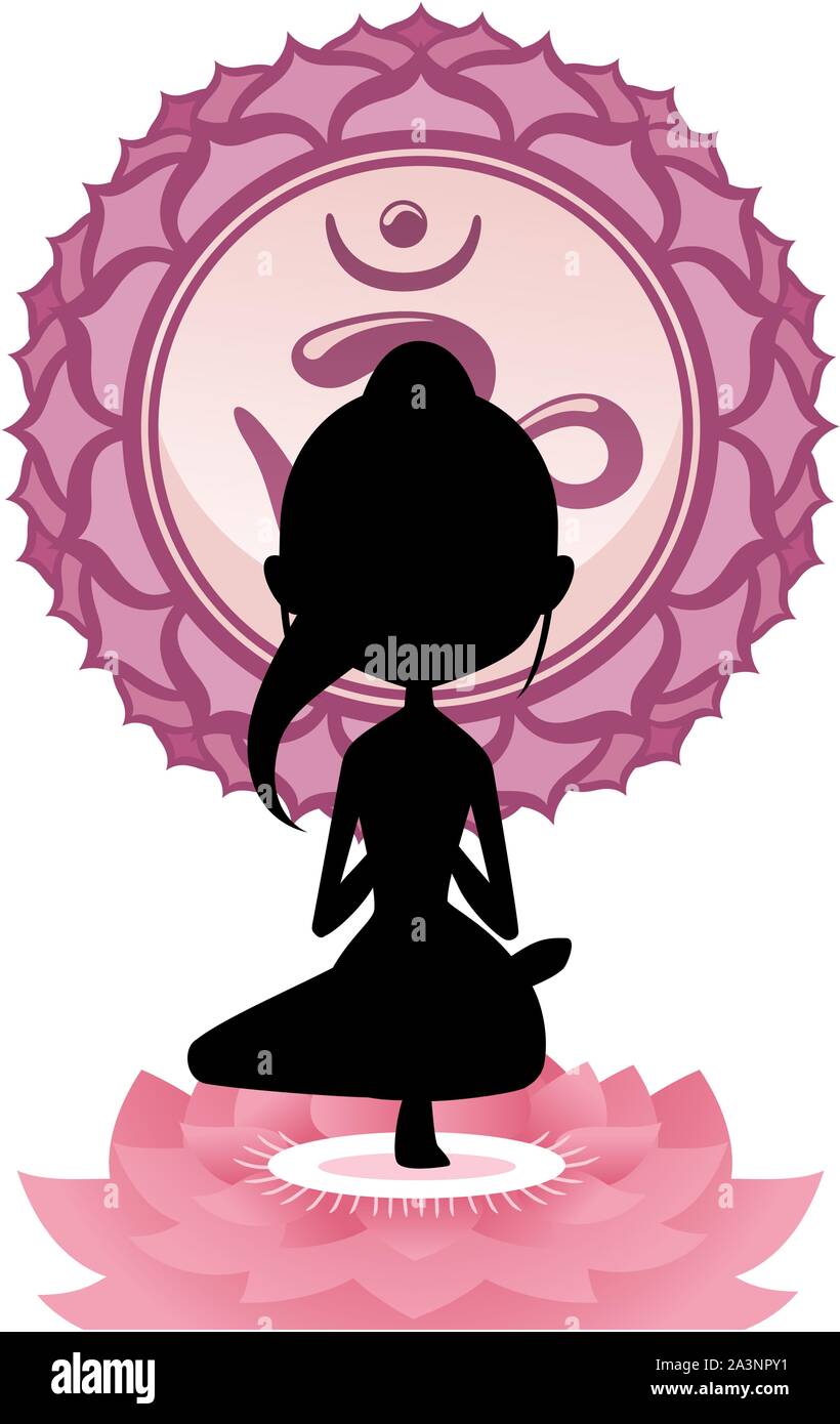 Meditation Lotus Position Asana Frau mit Om Symbol Mandala Vector Illustration. Stock Vektor