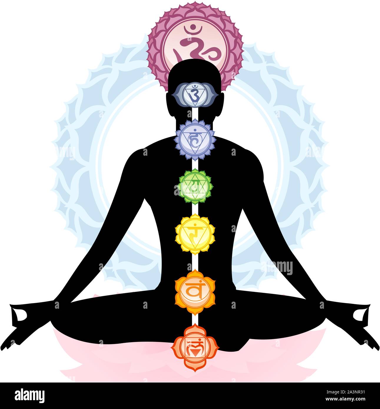 Meditation Meditation Asana Yoga Körperhaltung mit Om Symbol Mandala Vector Illustration. Stock Vektor