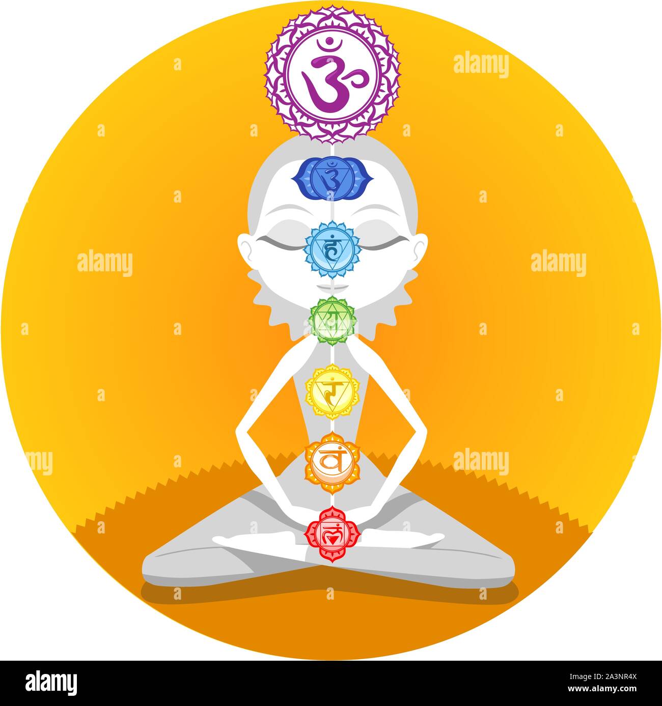 Meditation Meditation Asana Yoga Chakren Körperhaltung mit Om Symbol Mandala Stock Vektor