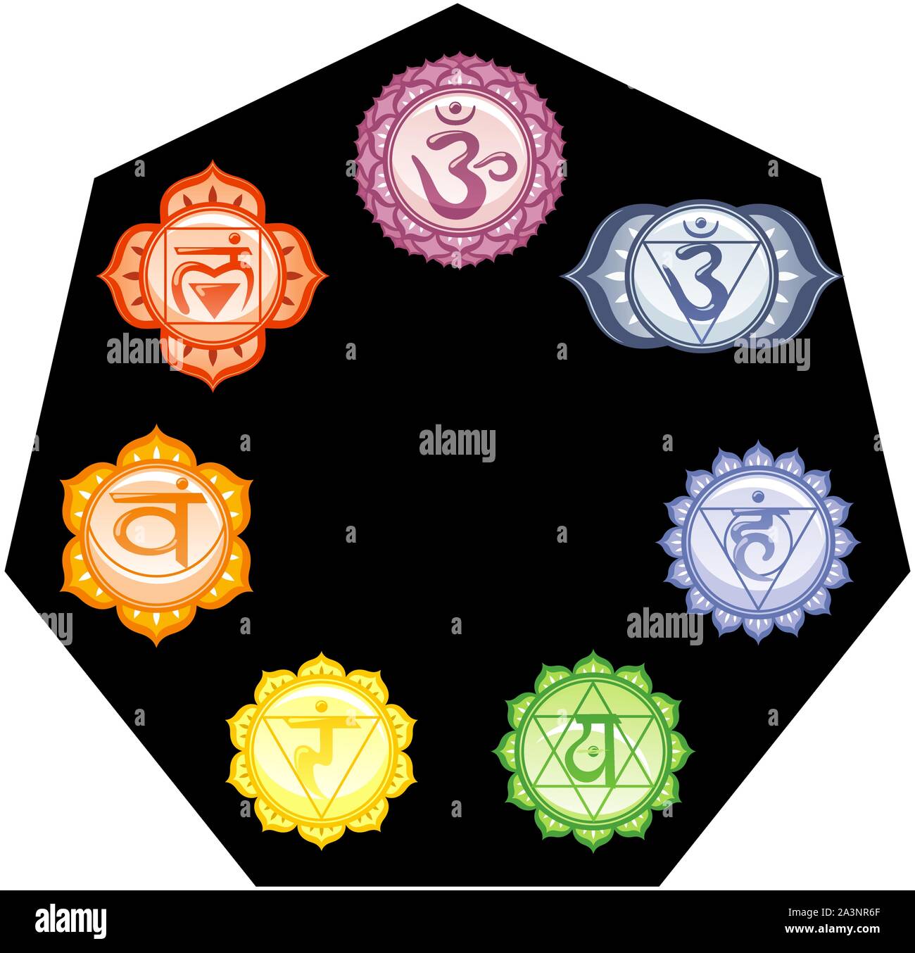 Die sieben Chakren Energie Mandalas mit ihren Farben und Symbole in einem schwarzen energetische Kreis Vector Illustration. Stock Vektor