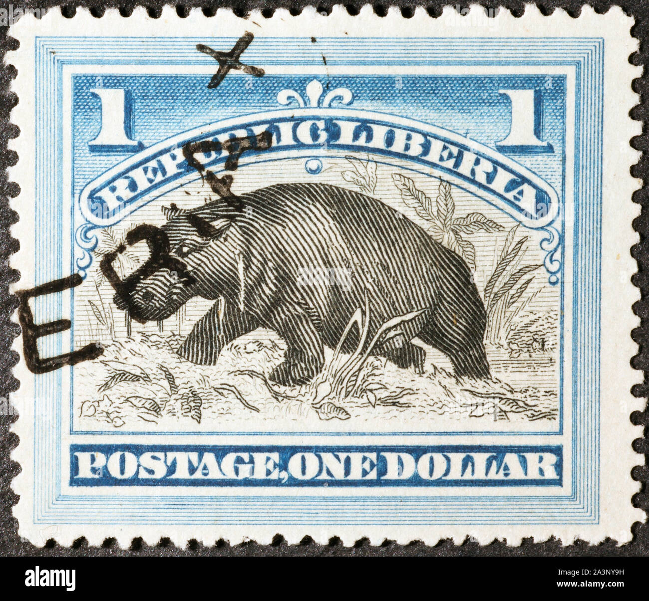 Hippopotamus auf alten Briefmarke von Liberia Stockfoto