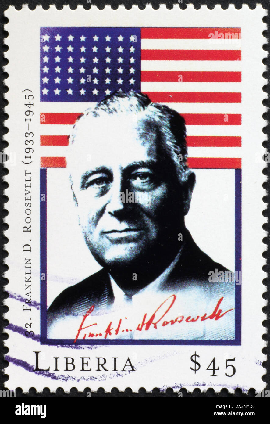 Präsident Franklin D. Roosevelt und Flagge auf Briefmarke Stockfoto