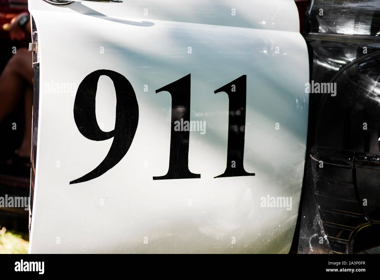 911 Text auf Seite der Polizei Auto. 911 Emergency Response Polizei Auto. Stockfoto