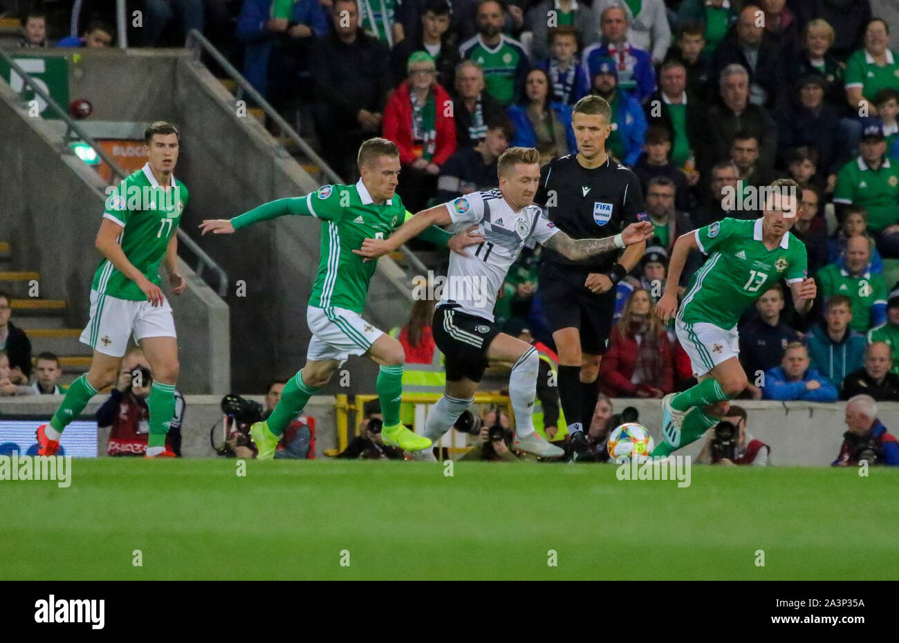 Nationale Fußball-Stadion im Windsor Park, Belfast, Nordirland. 09. September 2019. UEFA EURO 2020 Qualifikation - Gruppe C, Nordirland 0 Deutschland 2. Deutsche Fußball international Marco Reus (11.) Beim Spielen für Deutschland in Belfast, 2019. Stockfoto
