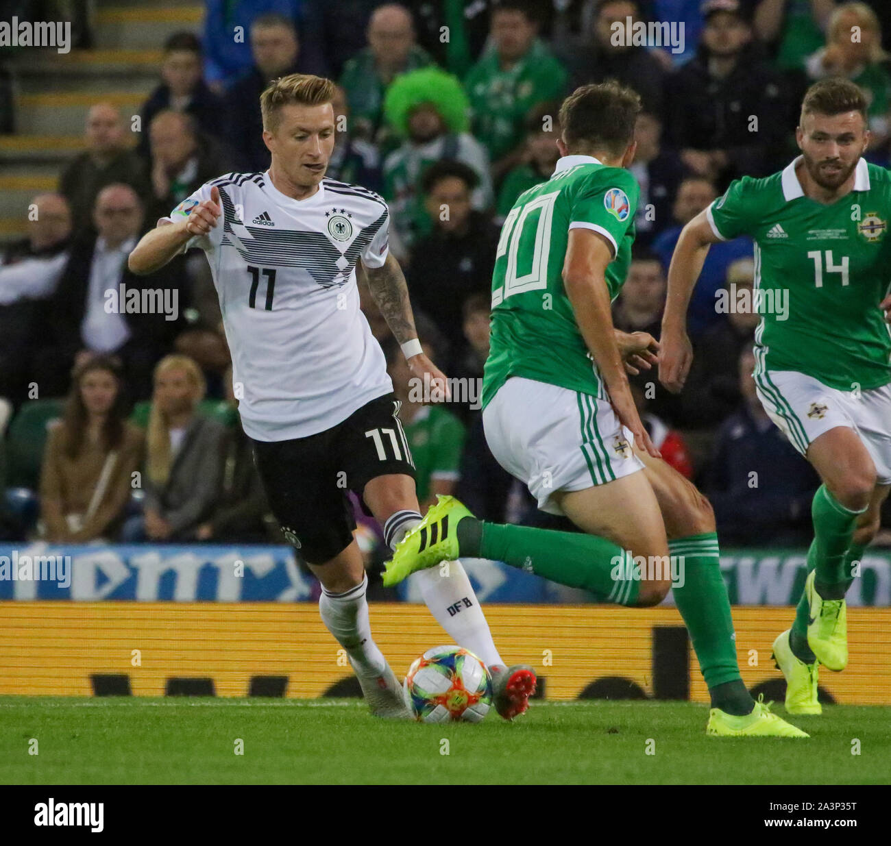 Nationale Fußball-Stadion im Windsor Park, Belfast, Nordirland. 09. September 2019. UEFA EURO 2020 Qualifikation - Gruppe C, Nordirland 0 Deutschland 2. Deutsche Fußball international Marco Reus (11.) Beim Spielen für Deutschland in Belfast, 2019. Stockfoto