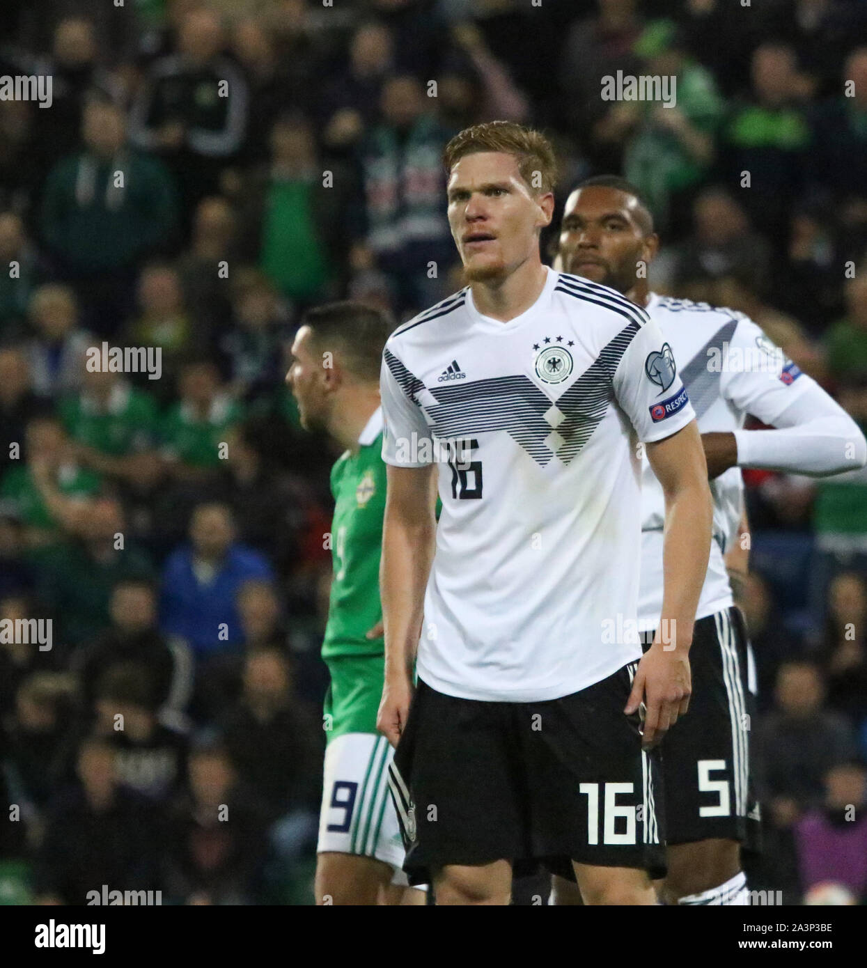 Nationale Fußball-Stadion im Windsor Park, Belfast, Nordirland. 09. September 2019. UEFA EURO 2020 Qualifikation - Gruppe C, Nordirland 0 Deutschland 2. Deutsche Fußball international Marcel Halstenberg (16) spielen für Deutschland in Belfast, 2019. Stockfoto