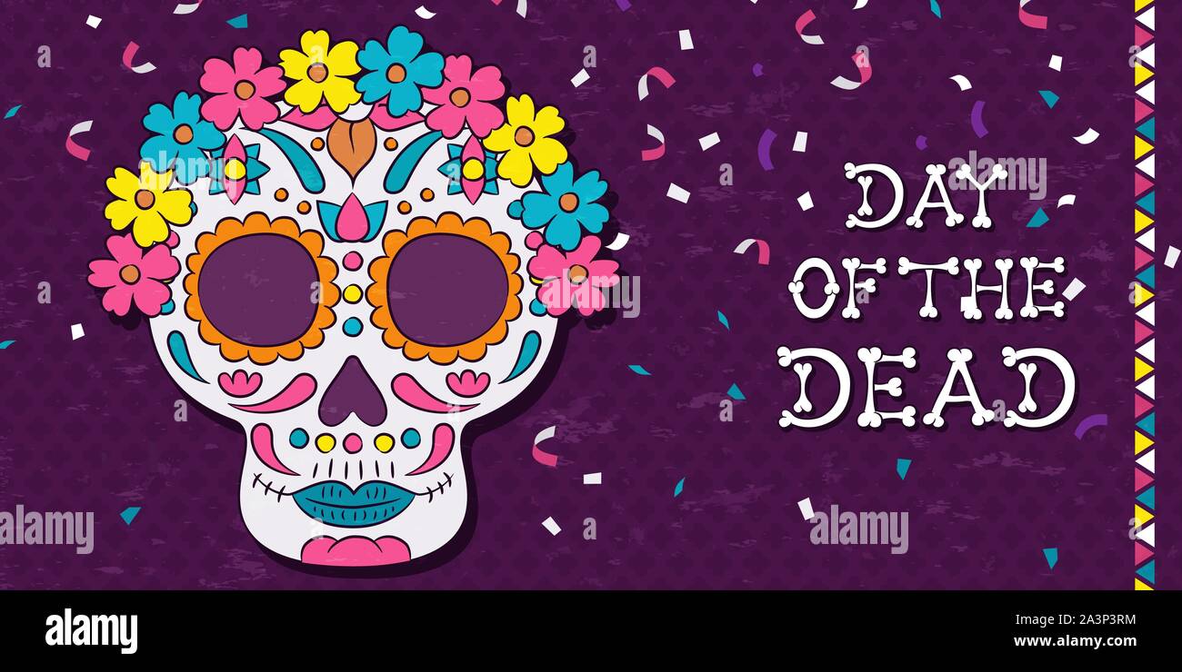 Tag der Toten Sugar Skull Grußkarte für mexikanische Feier. Traditionelle Mexiko Dekoration, bunten Blumen und Konfetti. Stock Vektor