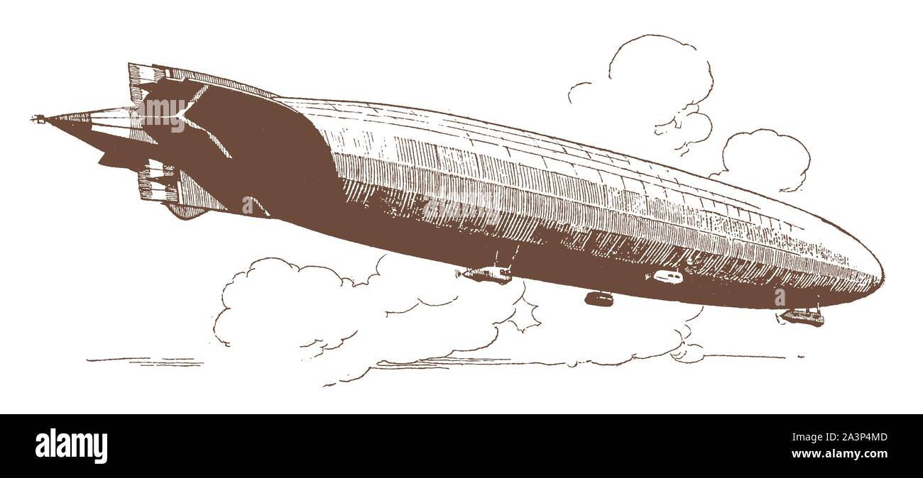 Gigantische historische Luftschiff fliegen vor Wolken. Abbildung: Nach einer Lithographie aus dem frühen 20. Jahrhundert Stock Vektor