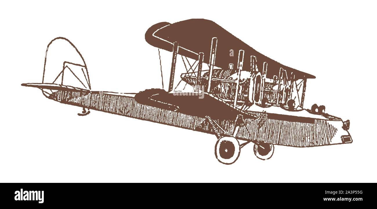 Flying historischen Passenger service Doppeldecker. Abbildung: Nach einer Lithographie aus dem frühen 20. Jahrhundert Stock Vektor