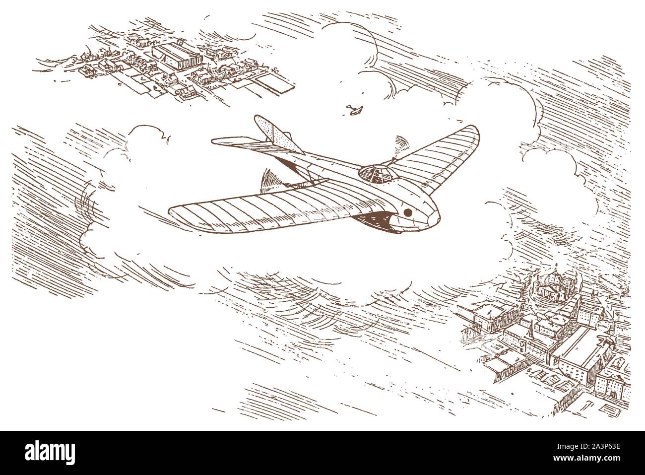 Futuristische Studie aus dem frühen 20. Jahrhundert von einem eindecker Flugzeuge über einer Stadt in großer Höhe fliegenden Stock Vektor
