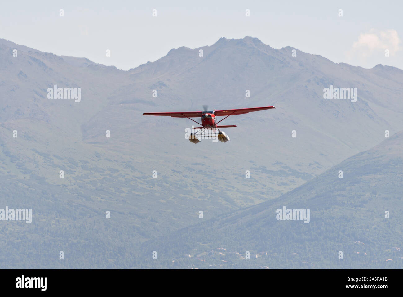 Ein Wasserflugzeug dauert vom Lake Hood Wasserflugzeug Basis in Anchorage, Alaska. Lake Hood ist die Welten der geschäftigsten Wasserflugzeug base Umgang mit über 200 einzelnen Flügen pro Tag. Stockfoto