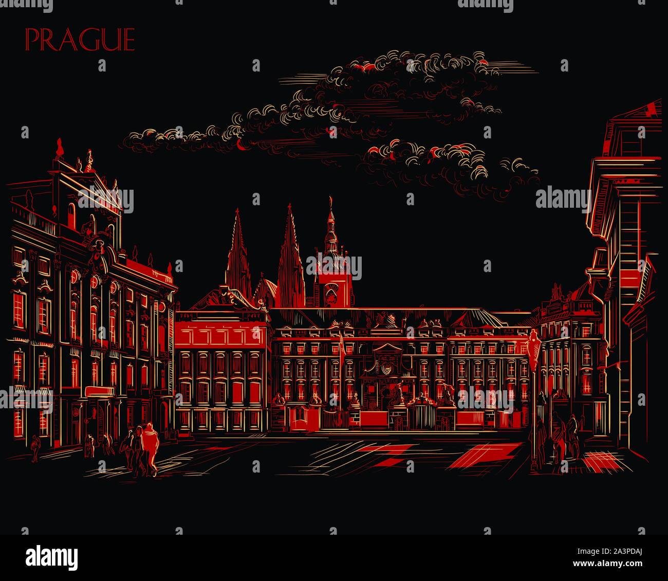 Vektor hand Zeichnung Abbildung: Hradschin Platz. Die zentralen Tor der Burg Hradcany. Wahrzeichen von Prag, tschechische Republik. Vector Illustration Stock Vektor