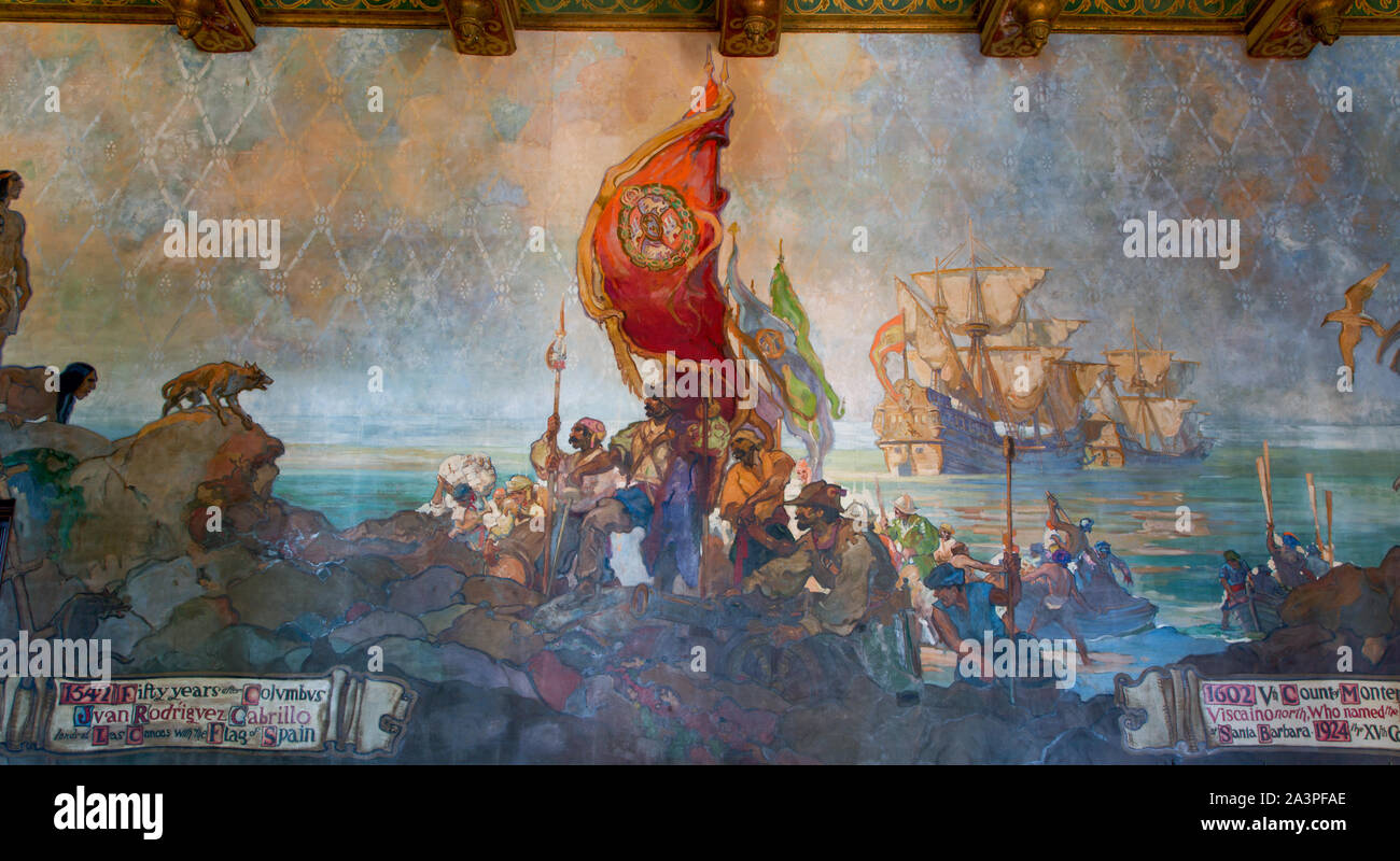 Spanische Kolonialgeschichte Wandbild von Daniel Sayre Groesbeck im Santa Barbara County Courthouse, Santa Barbara, Kalifornien Stockfoto