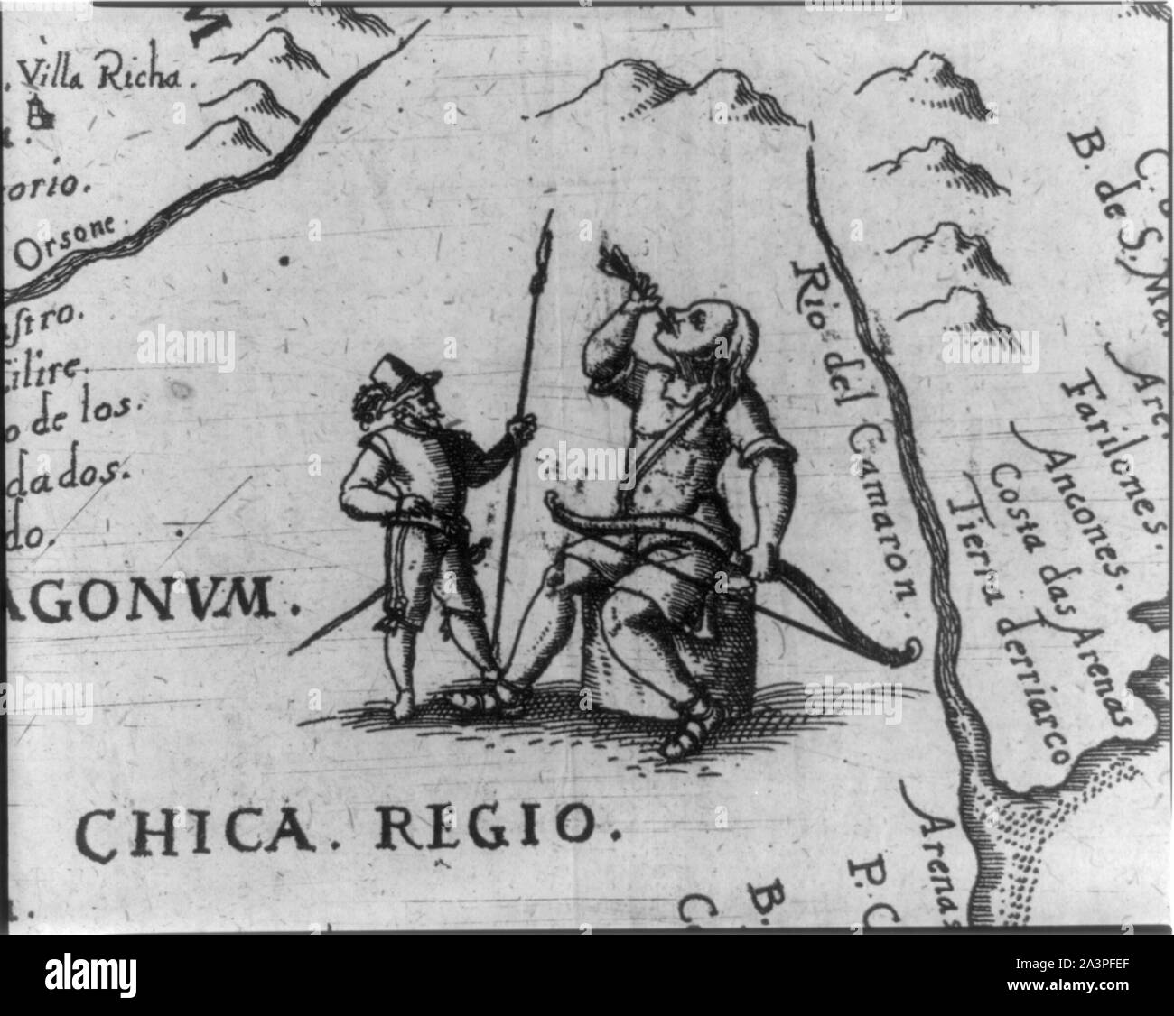 Spanischer Soldat stehend neben riesigen sitzenden Patagonischen Indianer mit Pfeil und Bogen Stockfoto