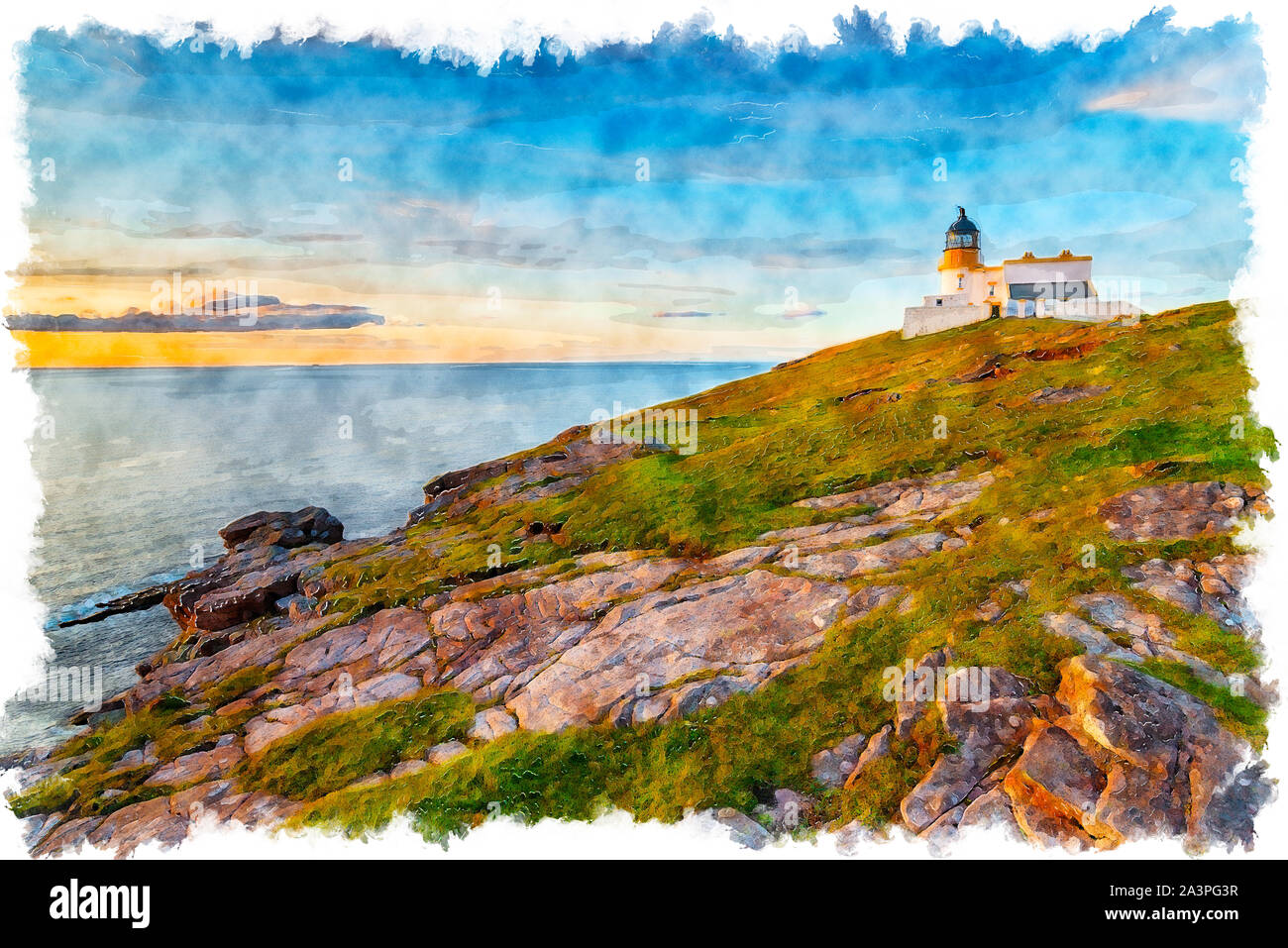 Aquarellmalerei des Sonnenuntergangs an Stoer Head Lighthouse in den Highlands von Schottland und ein Wahrzeichen auf der NC 500 touristische Fahrstrecke Stockfoto