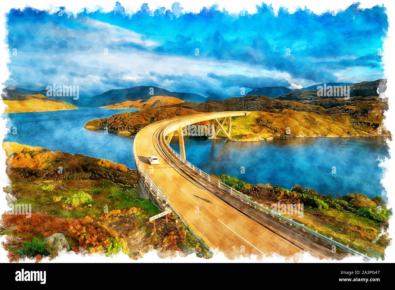 Aquarellmalerei Der Kylesku Brücke über Loch ein 'Chàirn Bhàin in den schottischen Highlands Stockfoto
