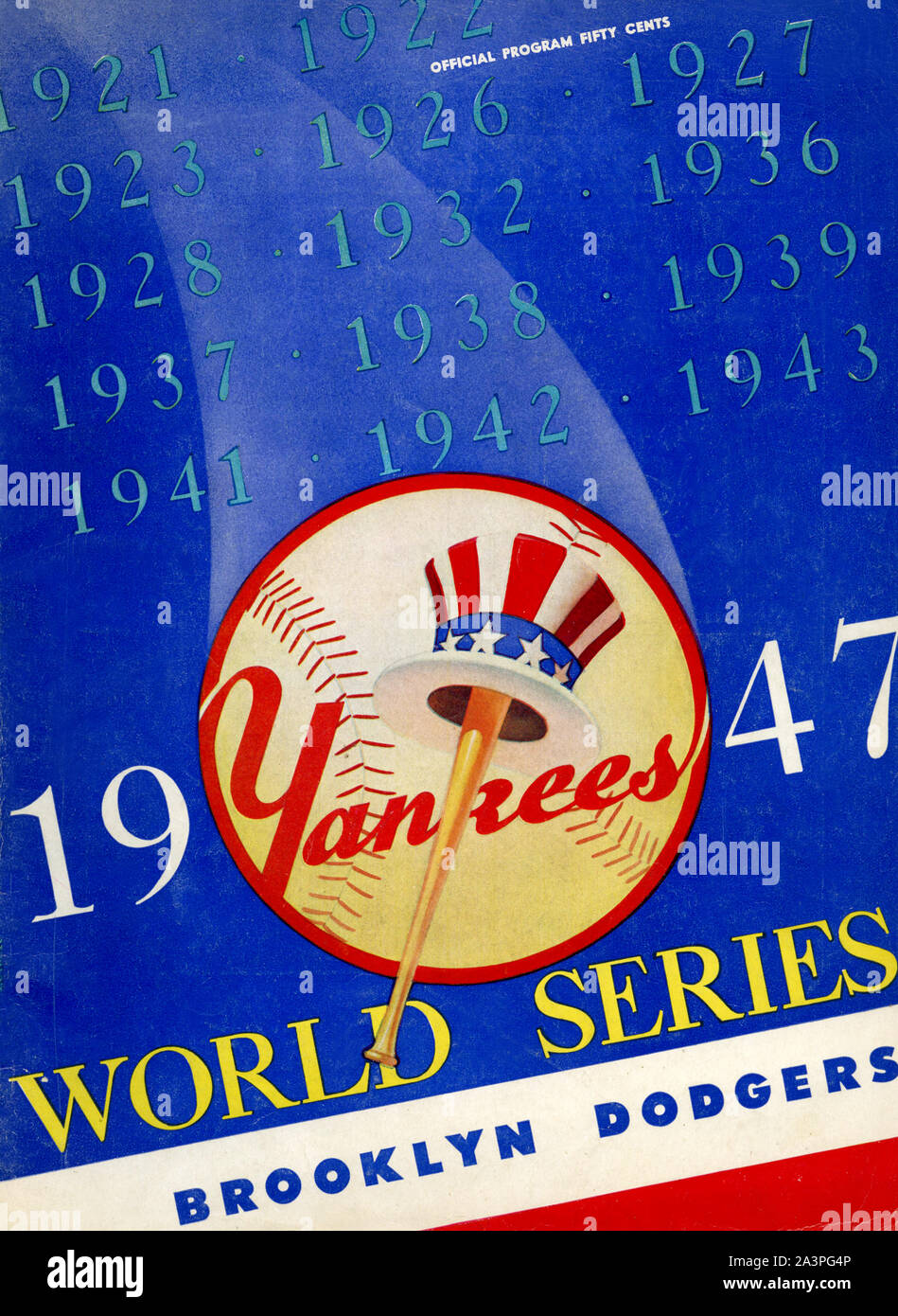 Die Abdeckung grafik Design für das Programm für die Major League Baseball Welt 1947 Reihe zwischen den New York Yankees und die Brooklyn Schwindler zeigt die iconic Logo für die Yankees. Stockfoto