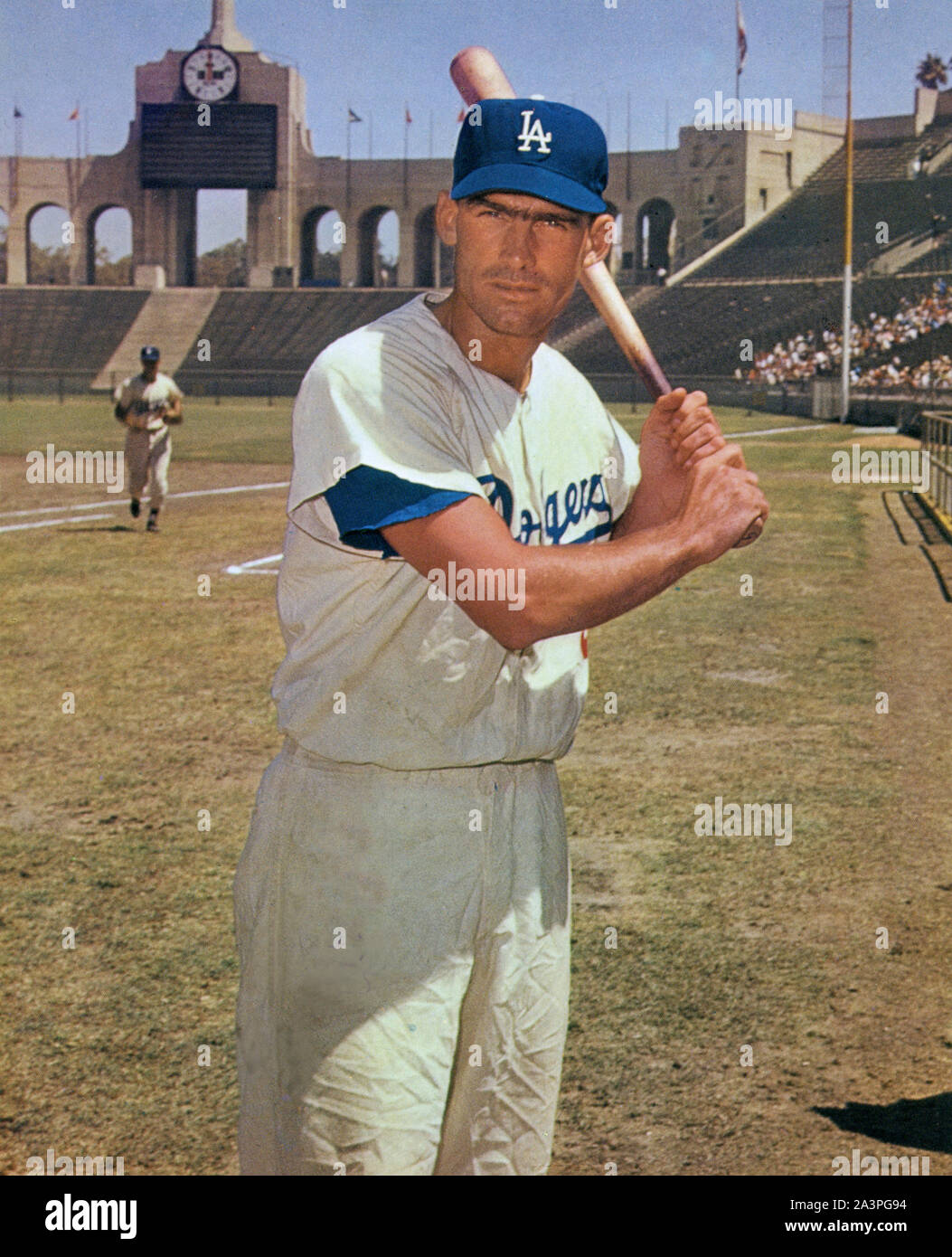 Wally Mond war eine ikonische Baseball Spieler mit den Los Angeles Dodgers in den späten 1950er Jahren, als sie nach Hause, Spiele am Memorial Coliseum gespielt. Stockfoto