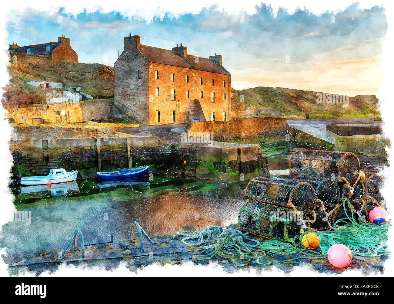 Aquarell von keiss Hafen an der Ostküste von Schottland und Teil der NC 500 touristische Route Stockfoto
