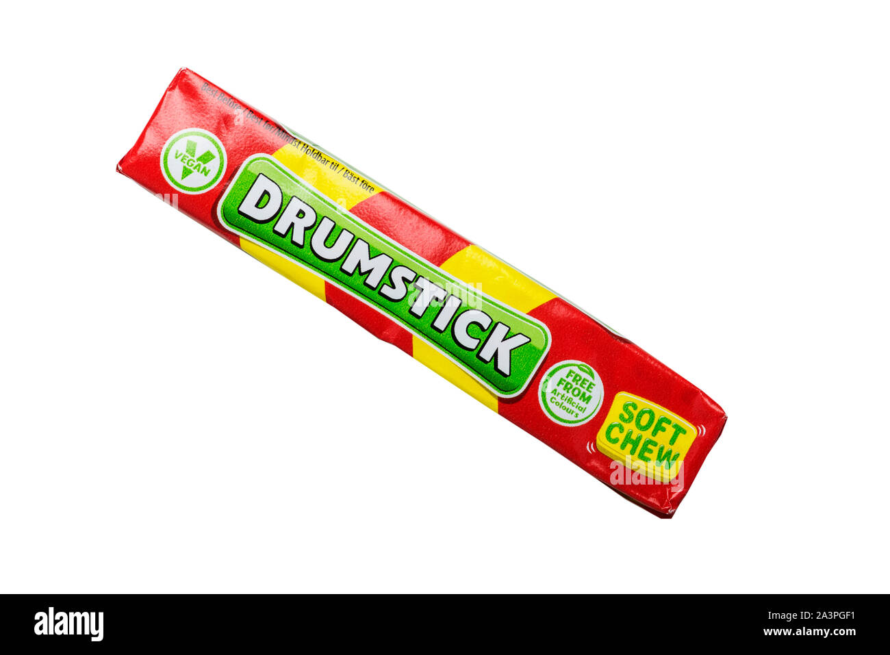 Ein Paket von Drumstick zähe Süßigkeiten auf weißem Hintergrund Stockfoto