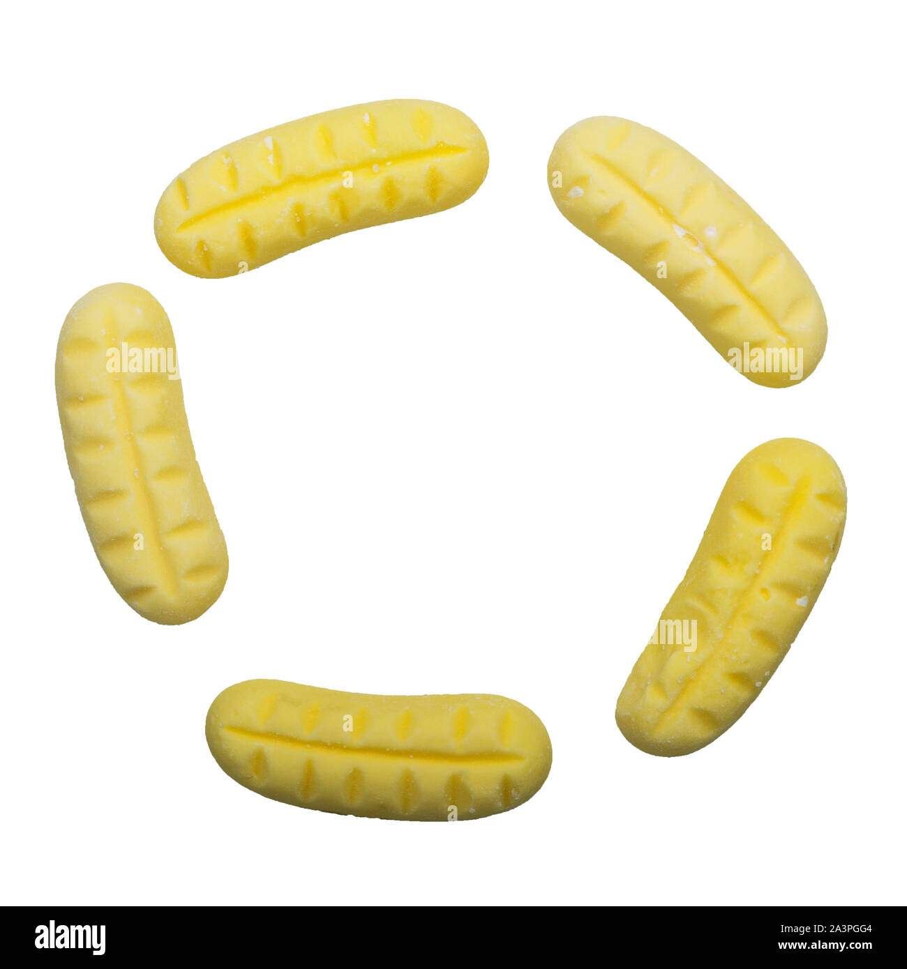 Schaum Banane Süßigkeiten auf weißem Hintergrund Stockfoto