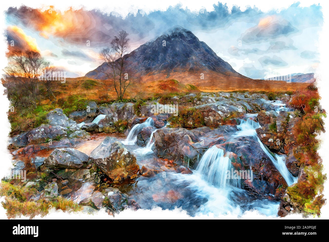 Aquarell Malerei des Sonnenuntergangs an Buachaille Etive Mor Wasserfall in den Highlands von Schottland Stockfoto