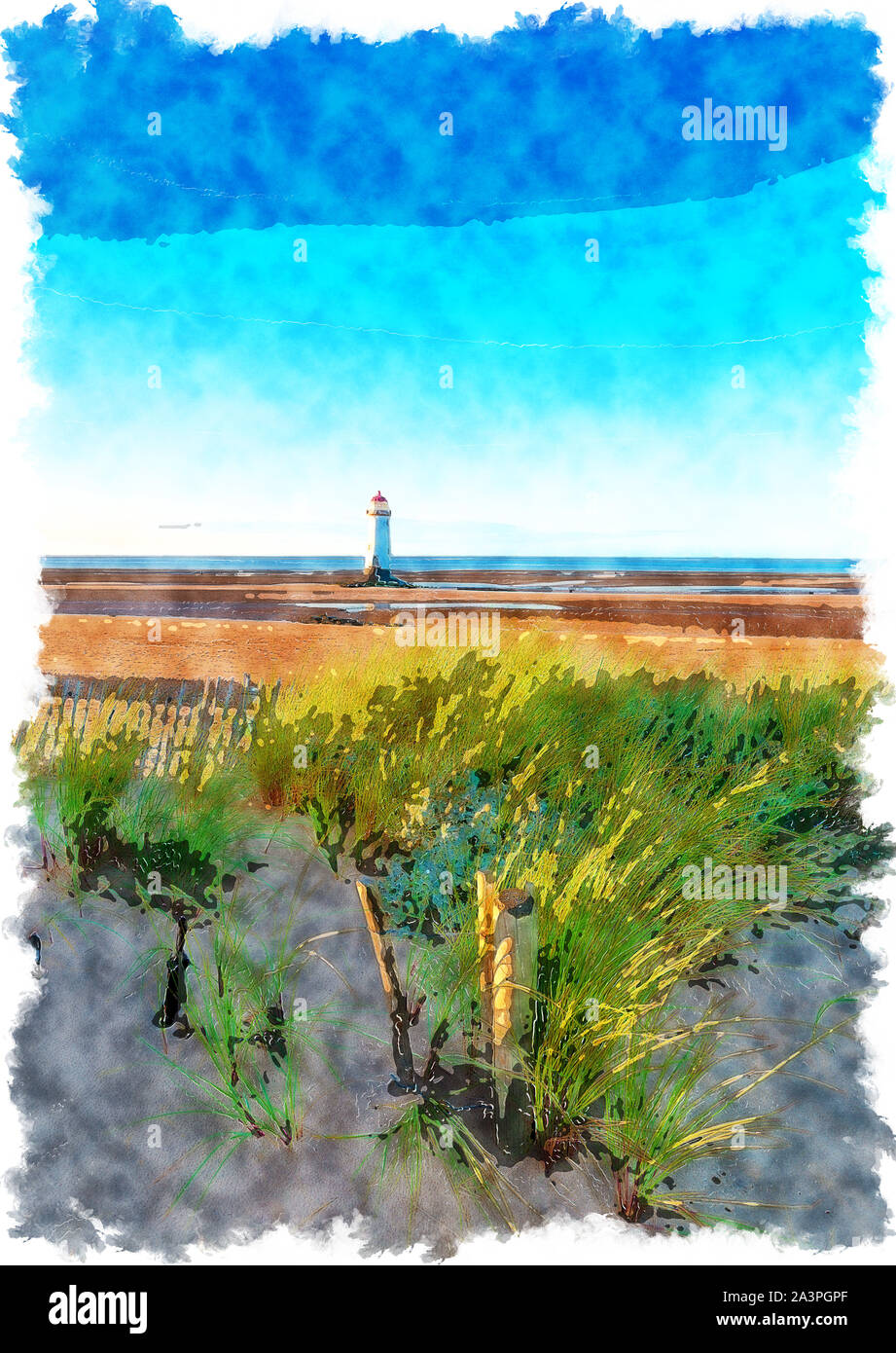 Aquarell Malerei des Ayr Leuchtturm am Talacre in Nord Wales Stockfoto