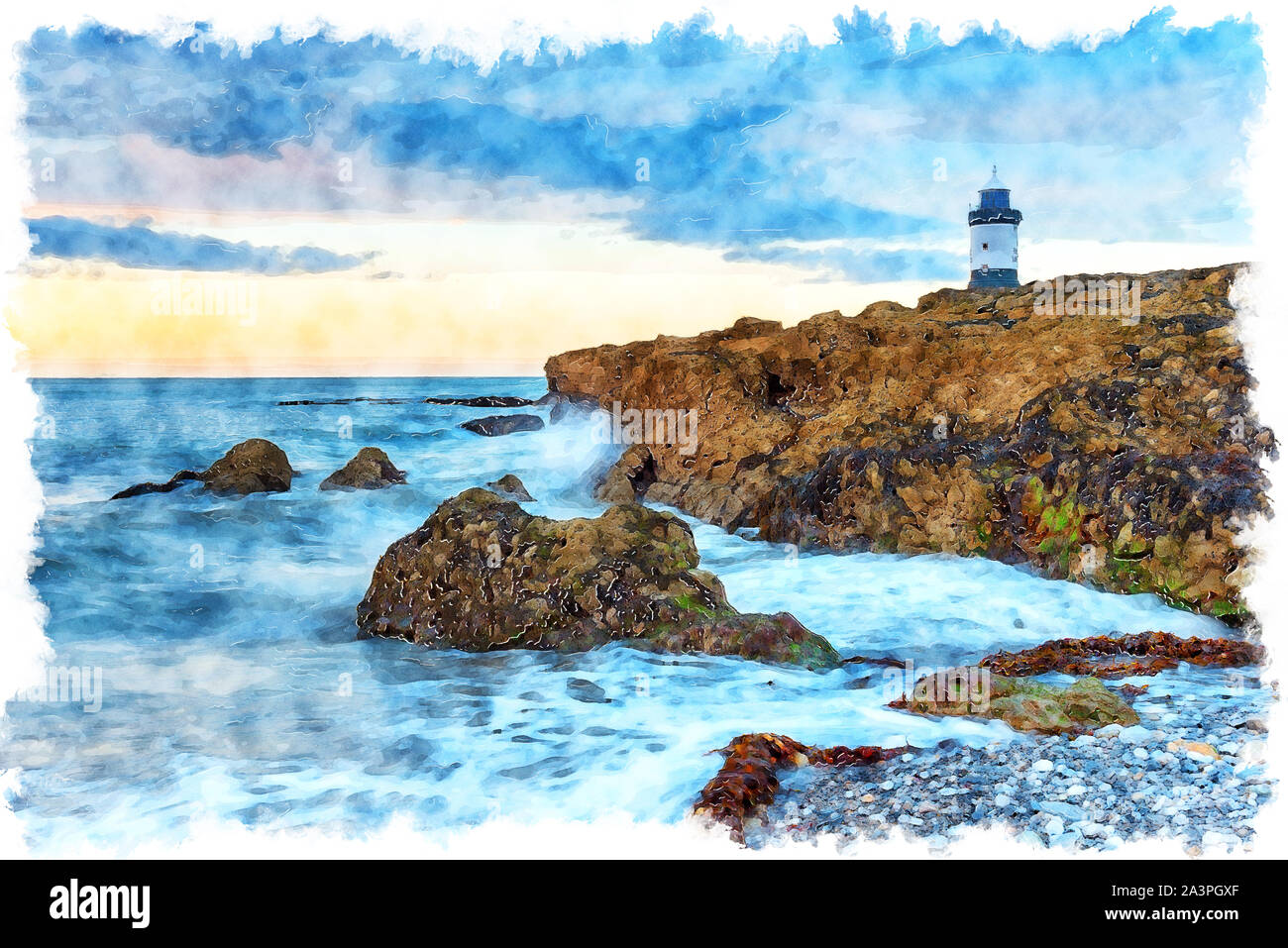 Aquarell von Penmon Point Lighthouse in der Nähe von Beaumaris an der Küste von Anglesey in Nordwales Stockfoto