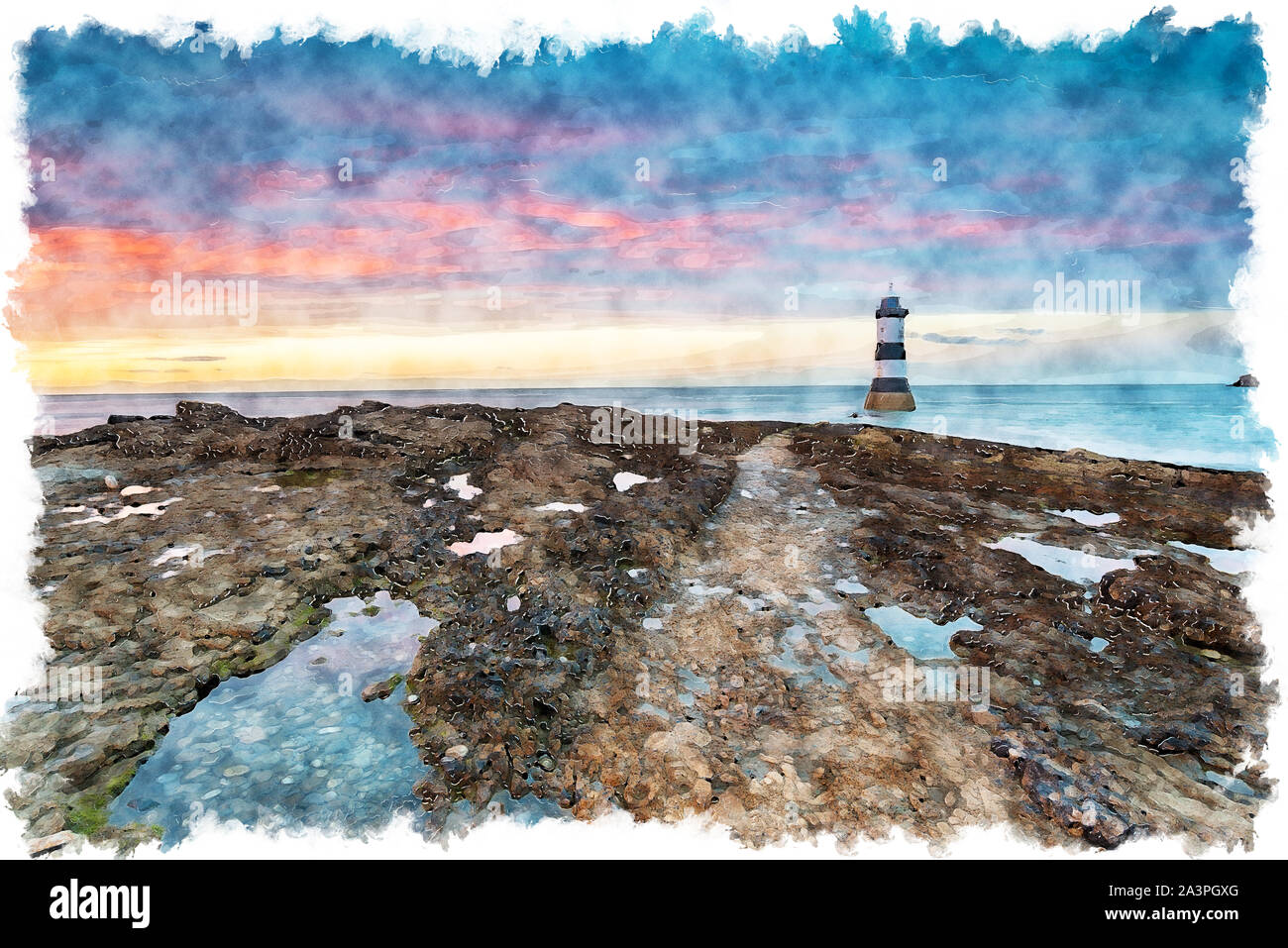 Aquarell von einem schönen Sonnenuntergang am Leuchtturm auf Penmon Trwyn Du Point in der Nähe von Beaumaris auf Anglesey in Wales Stockfoto