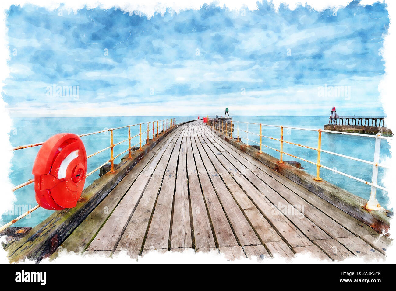 Aquarell von Moody Himmel über dem West Pier in Whitby auf der Yorkshire coast Stockfoto