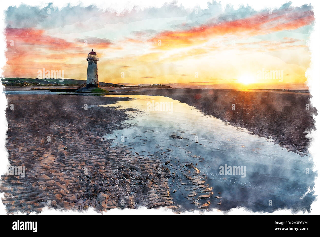 Aquarell von Sonnenuntergang über Talacre Lighthouse an der Nordküste von Wales Stockfoto