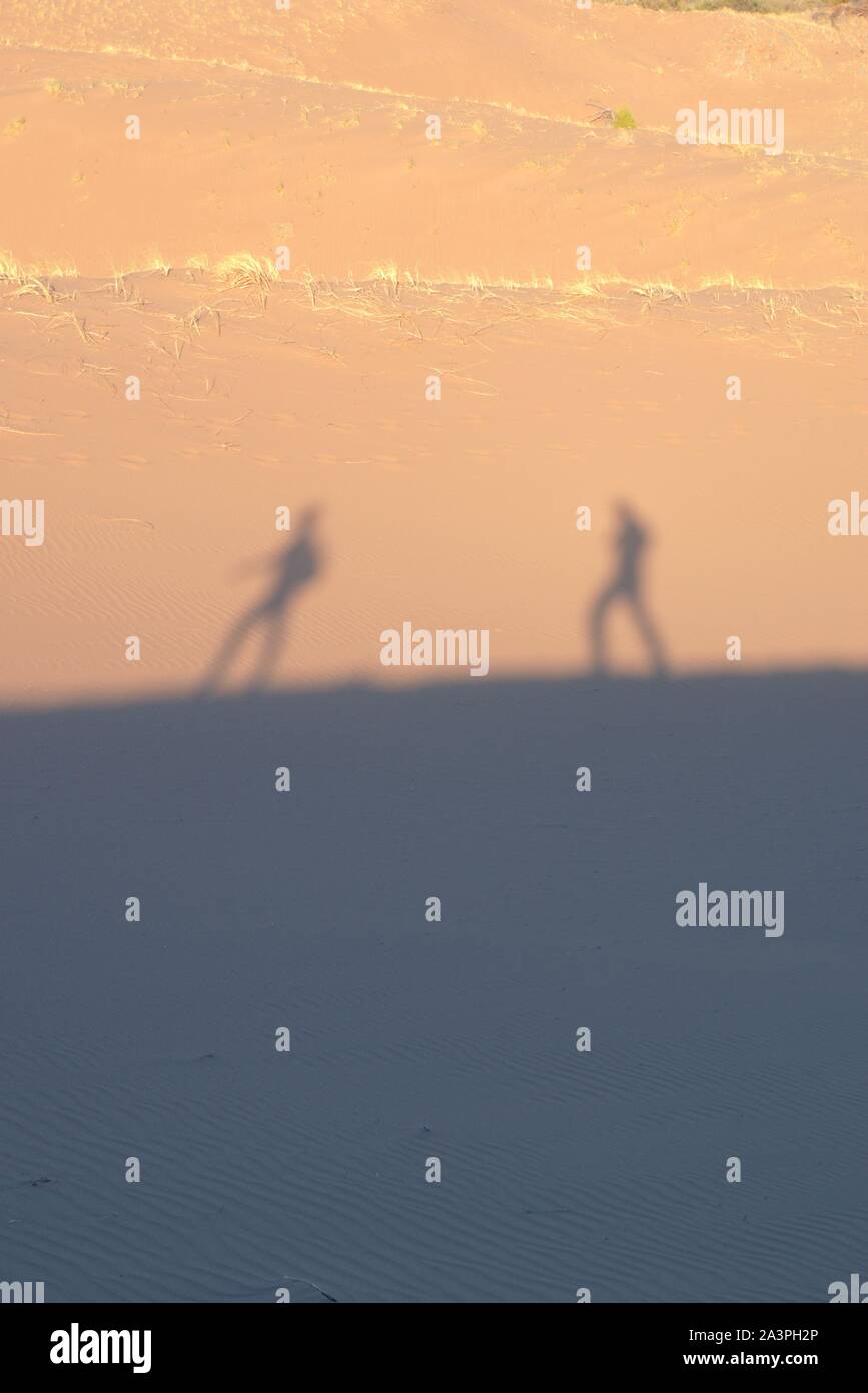 Zwei Forscher auf der Wüste, Casting Shadows auf den Sanddünen an einem heißen, sonnigen Tag. Stockfoto