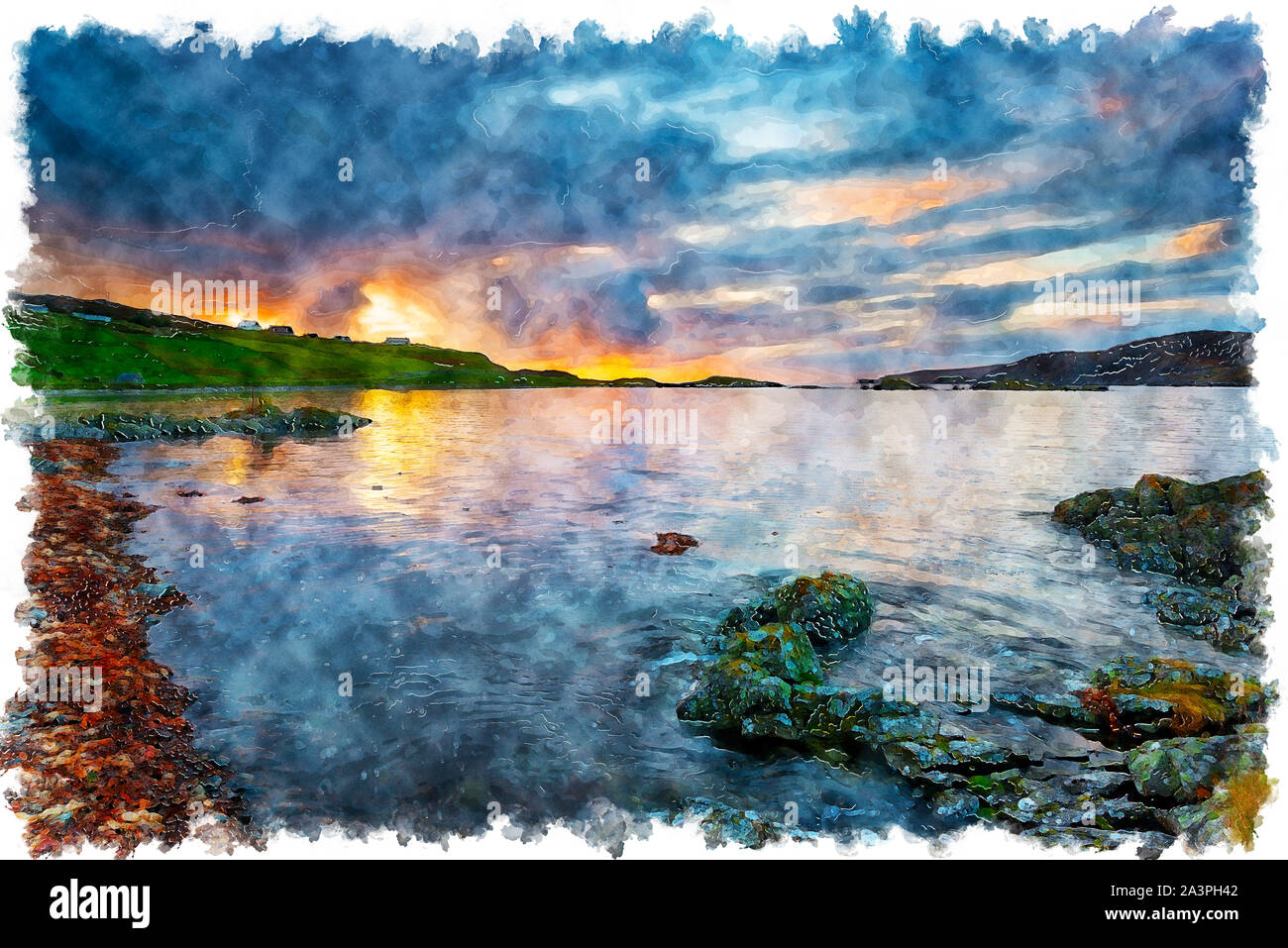Aquarell von Sonnenuntergang über scourie Bay in den Highlands von Schottland und an der Nordküste 500 Autowanderstraße Stockfoto